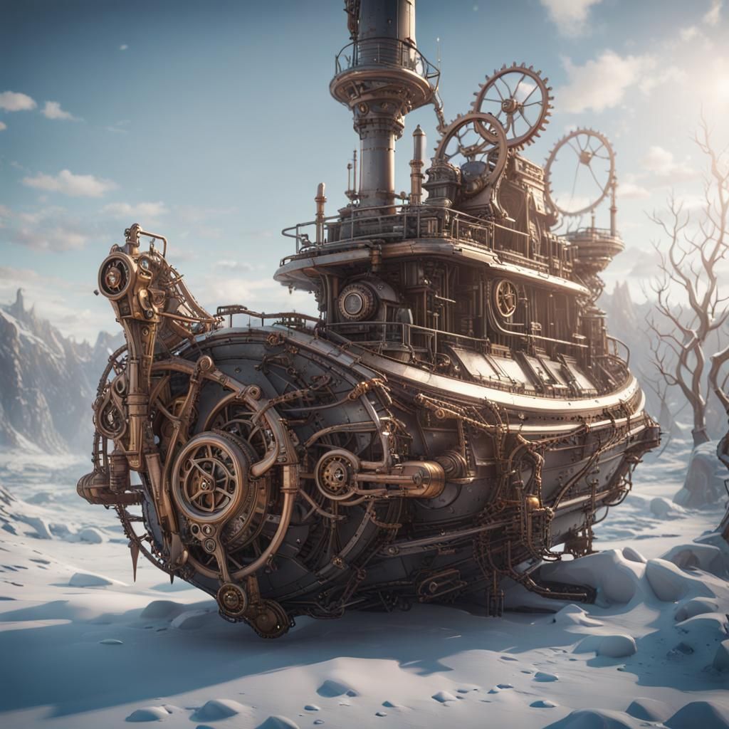 Steampunk Clockwork Boat in Winter, Hyperdetailed Sci-Fi Art