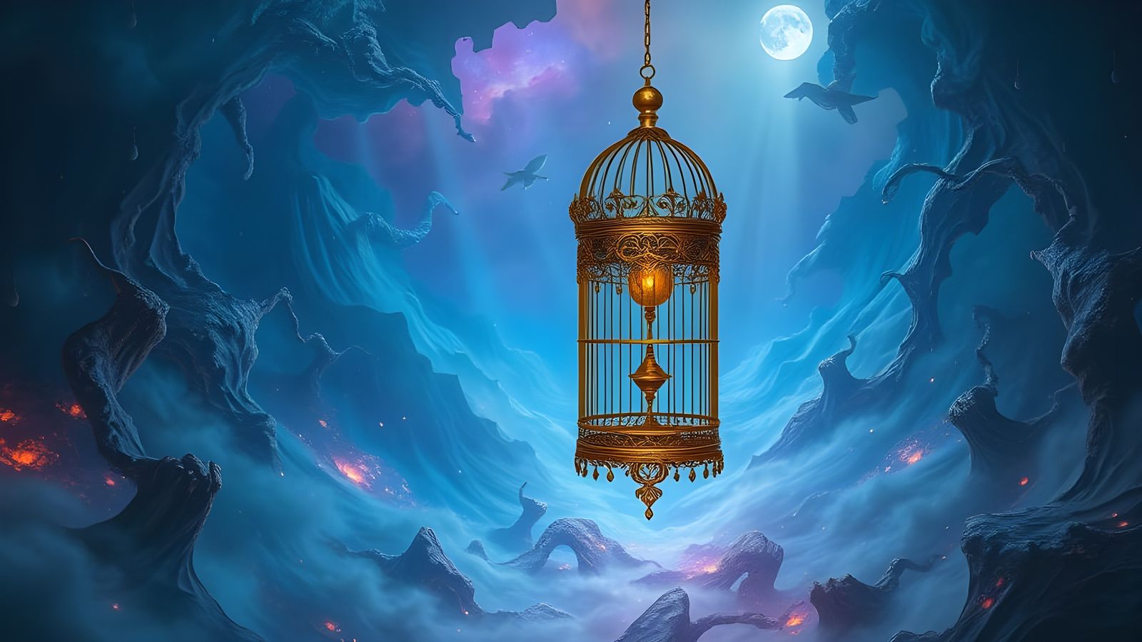 Surreal Floating Cage in Dreamlike Landscape