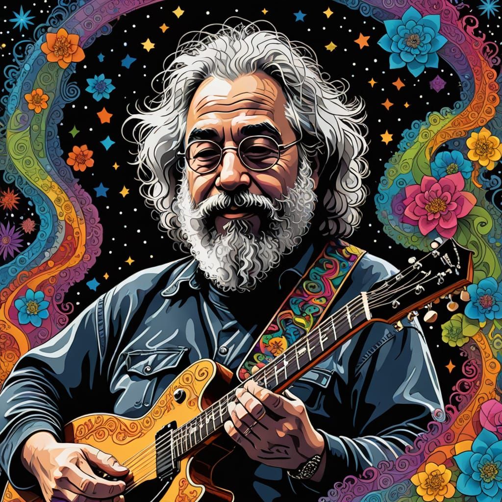Psychedelic Portrait of Jerry Garcia with Guitars and Cosmic...