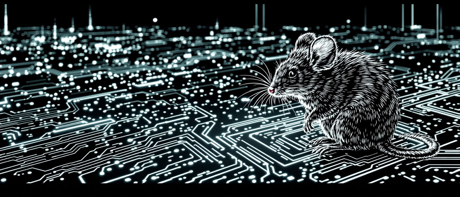 Philosophical Mouse on Glowing Circuit Board