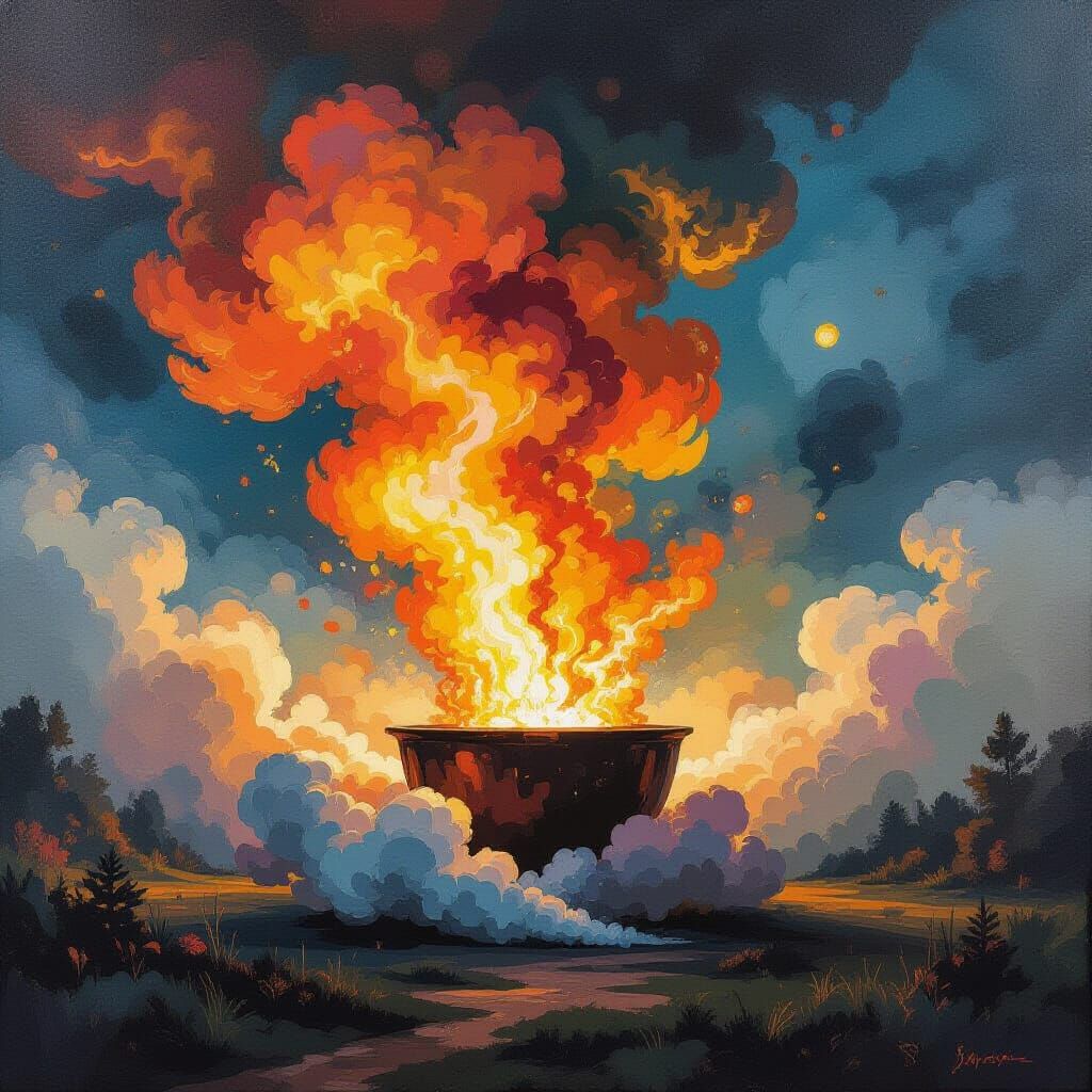 Combustion Reaction Amidst Miasma in Gouache Style