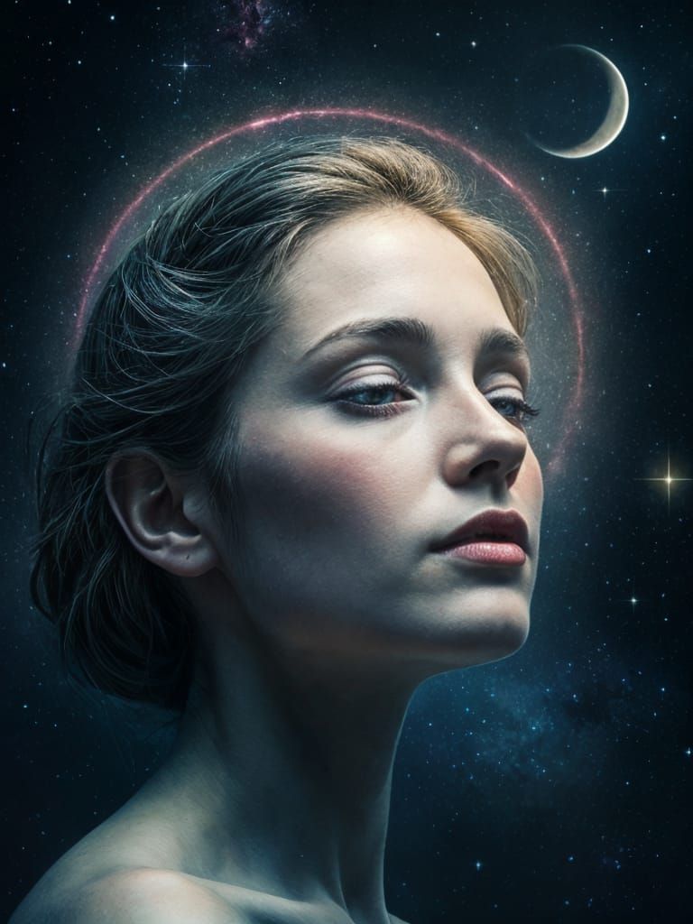 Cosmic Woman with Stardust Aura and Halo