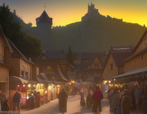 Bustling Medieval Marketplace at Sunrise