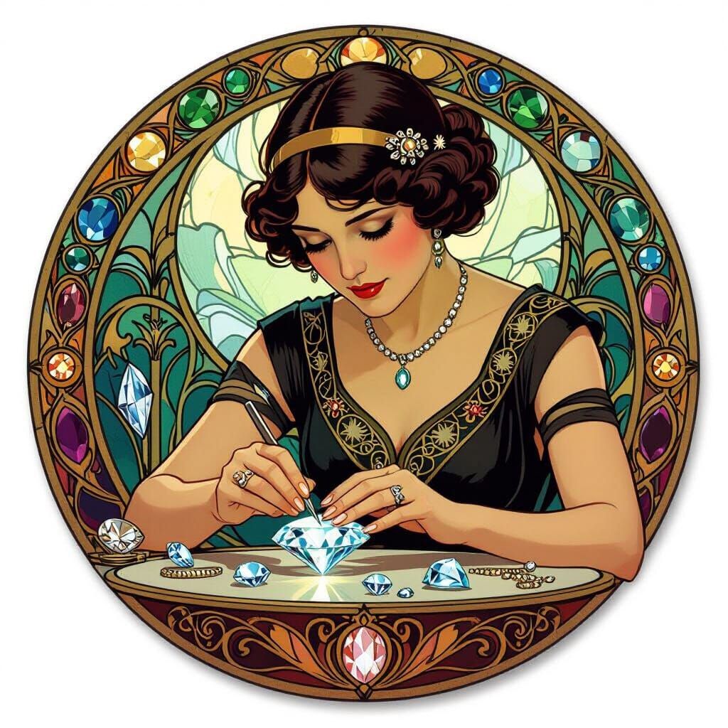 Jeweler Cutting Diamond in Art Nouveau Style