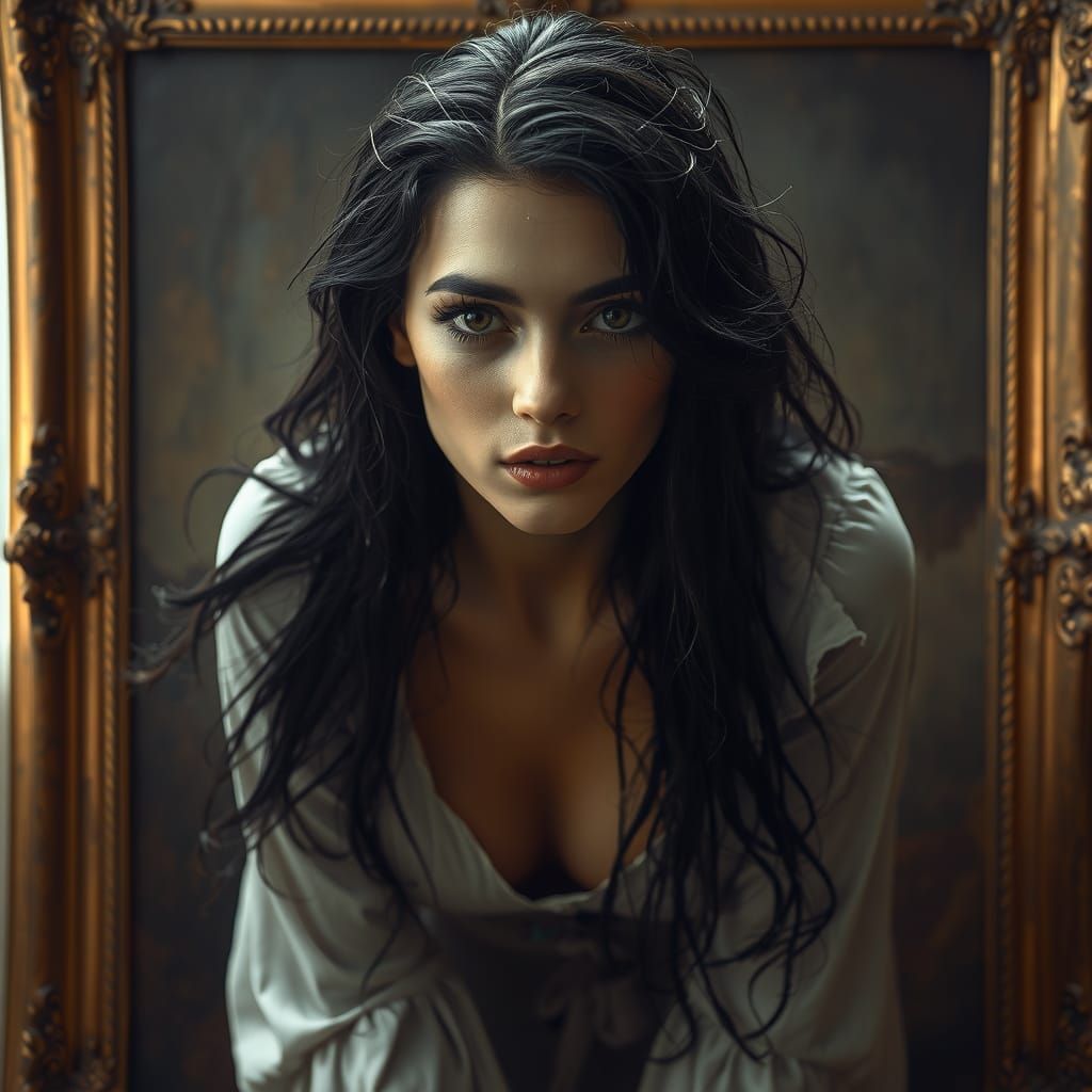 Woman Emerges from Oil Painting in Hyperrealistic Style