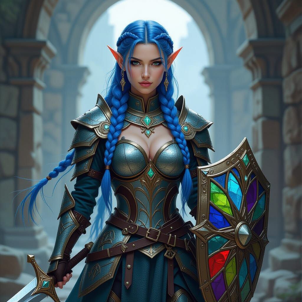 Elf Warrior in Stained Glass Armor Wielding Sword and Shield