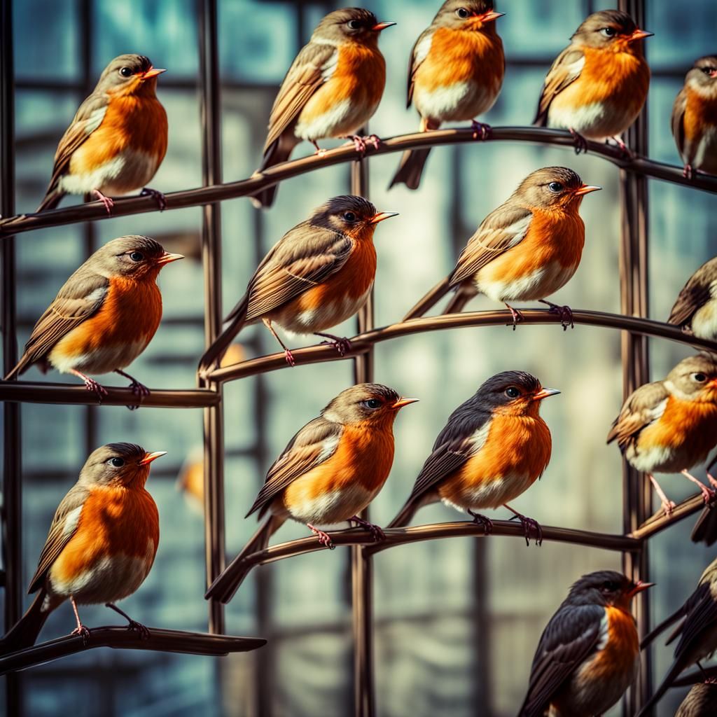 Robins in Polychrome Glass Walls, Hyperrealistic Style