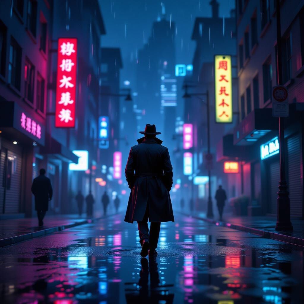 Manga Detective in Neo-Noir Cityscape