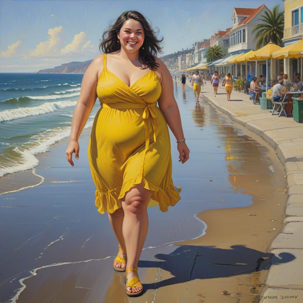 Woman Strolling Seaside Promenade in Vibrant Yellow Dress