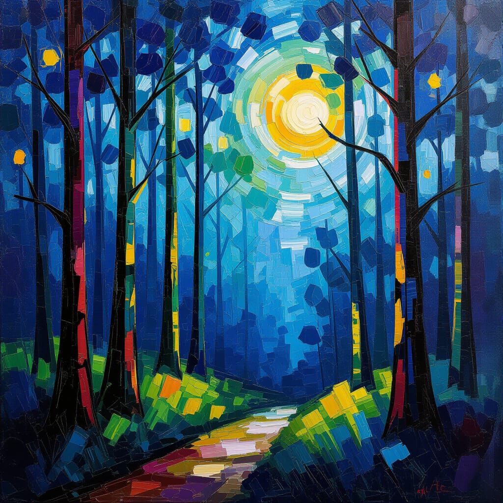 Vibrant Forest at Night in Neo-Impressionist Style