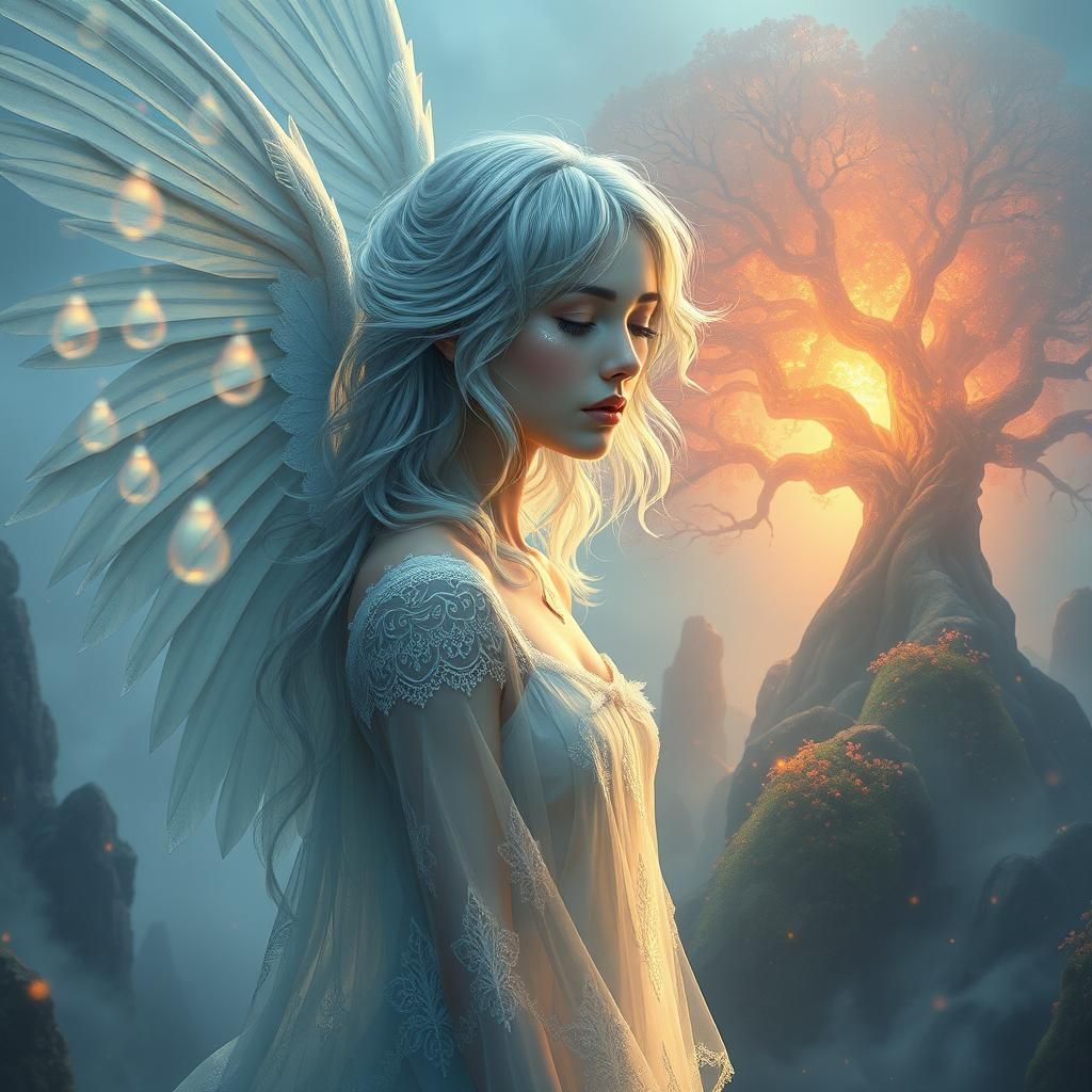 Crying Angel in Ethereal Realm: Detailed Matte Painting