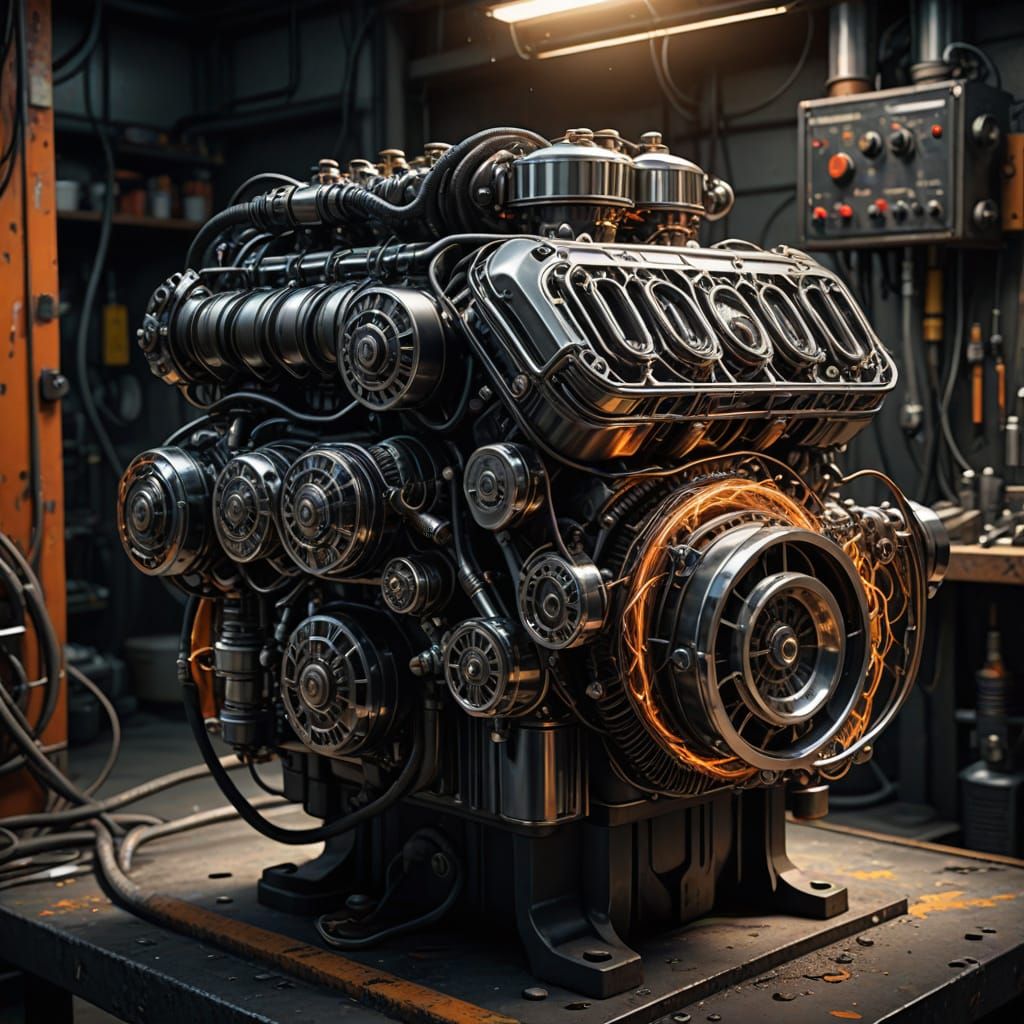 Hyperrealistic V8 Engine Art with Fiery Sparks