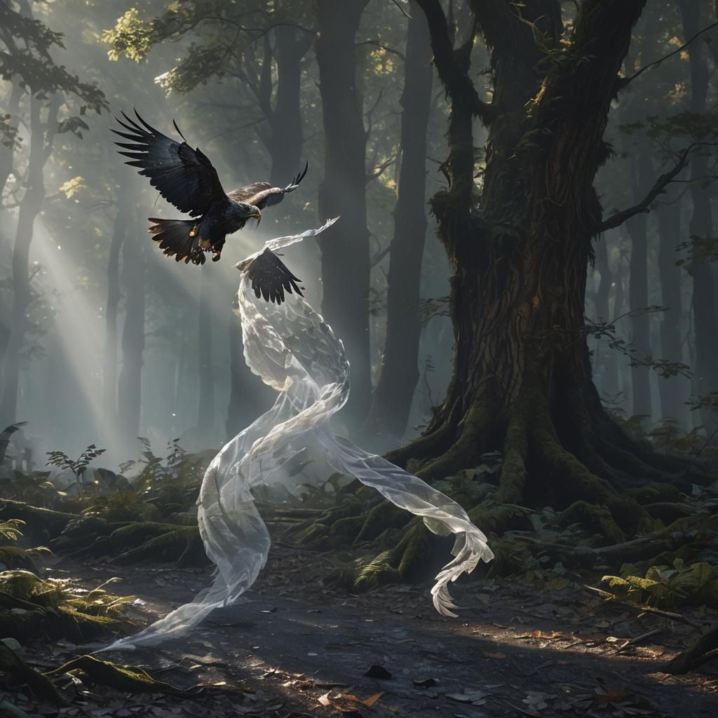 Winged Man Running Through Sunlit Forest: Fantasy Art