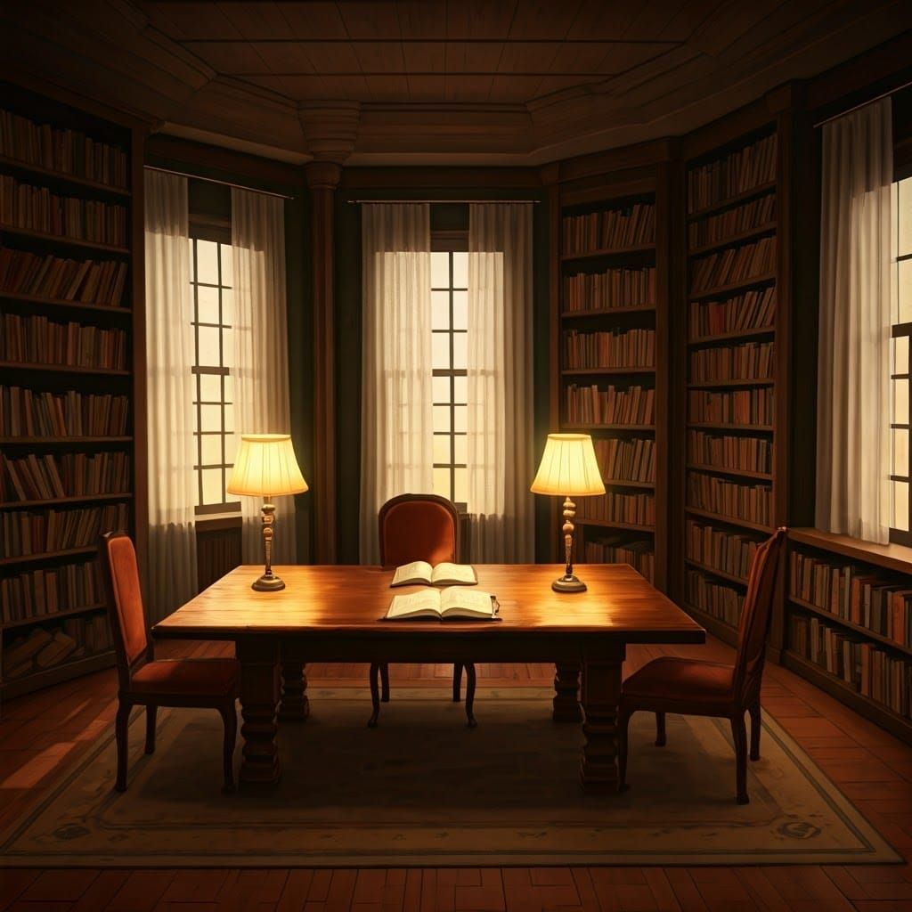 Cozy Library Room in Atmospheric Watercolor Style