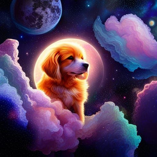 Puppy on the Moon: Cosmic Astral Illustration