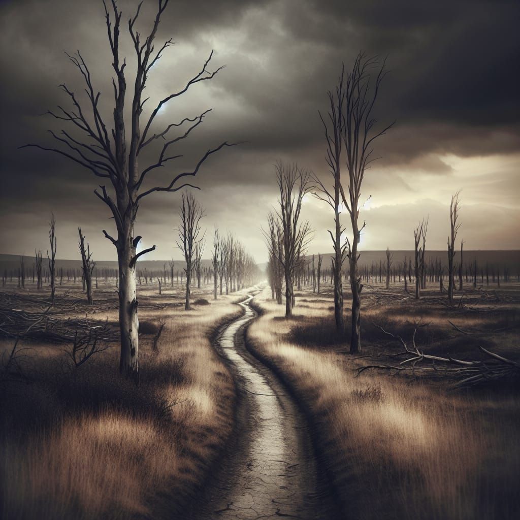 Desolate Winding Path in a Lonely Twilight Landscape