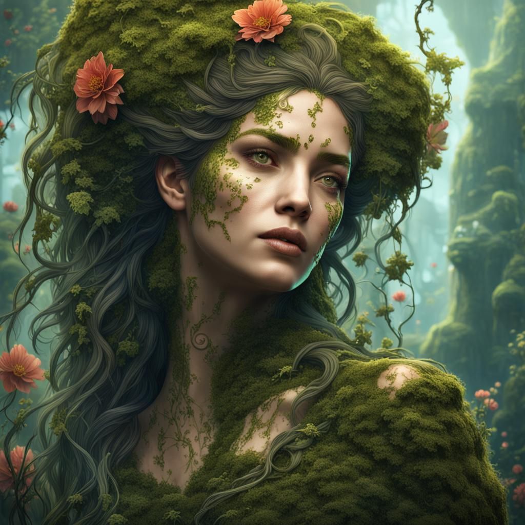 Moss and Vines Woman: Detailed Fantasy Concept Art