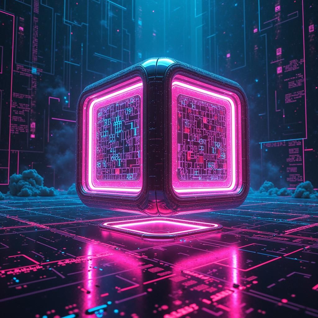 Futuristic Neon Cube with Hex Code Emanations