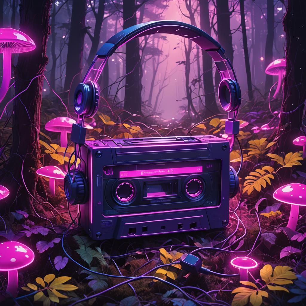 Synthwave Cassette Tape in Neon Forest