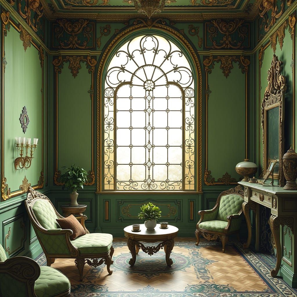 Lush Emerald Green Art Nouveau Room with Arched Window