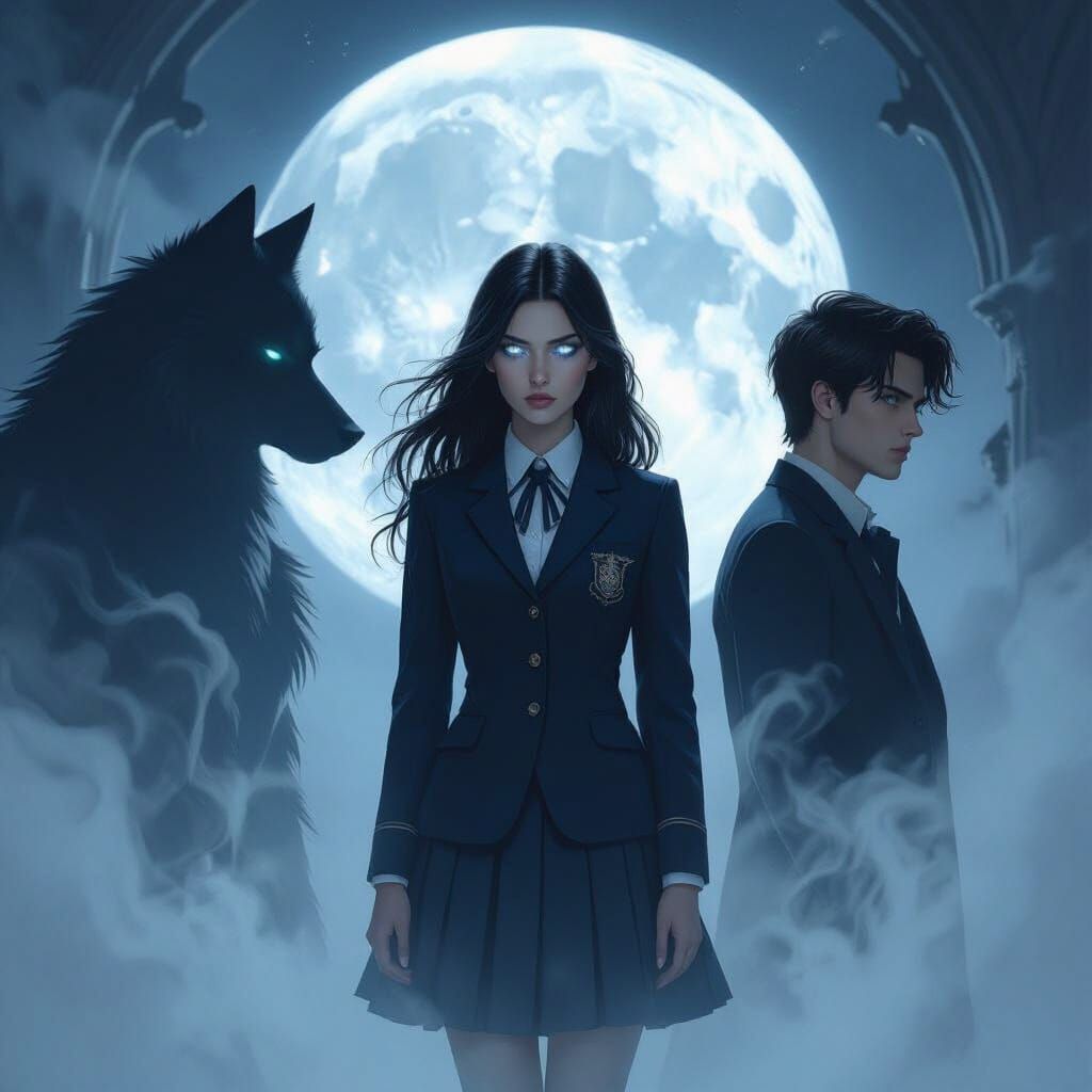 Lena in Glowing Uniform at Gothic Academy with Mystical Figu...