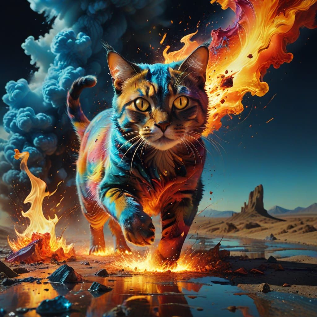Vibrant Cat Runs Down a Surreal Fire Runway