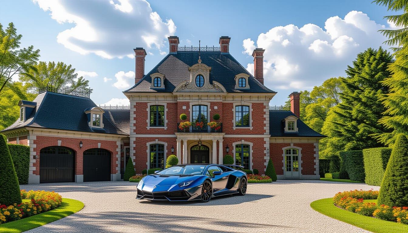 Victorian Chateau With Lamborghini in Summer Garden