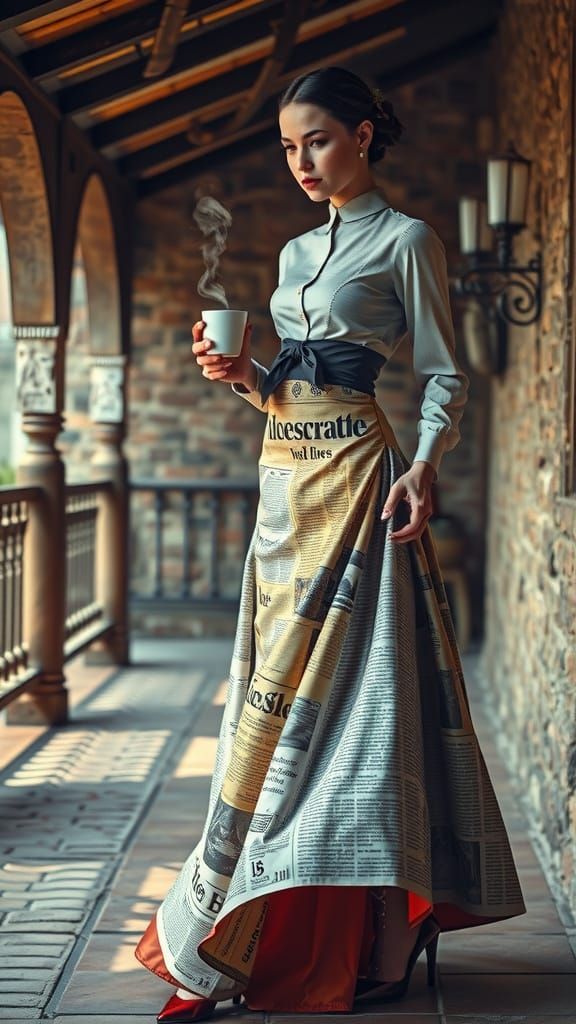 Newspaper Woman Drinks Coffee in Surrealist Style