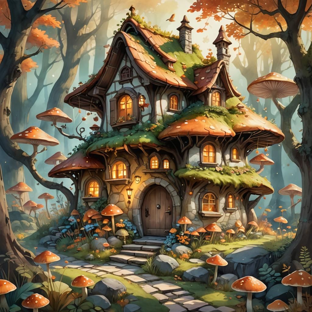 Whimsical Mushroom House Concept Art in Watercolour Style