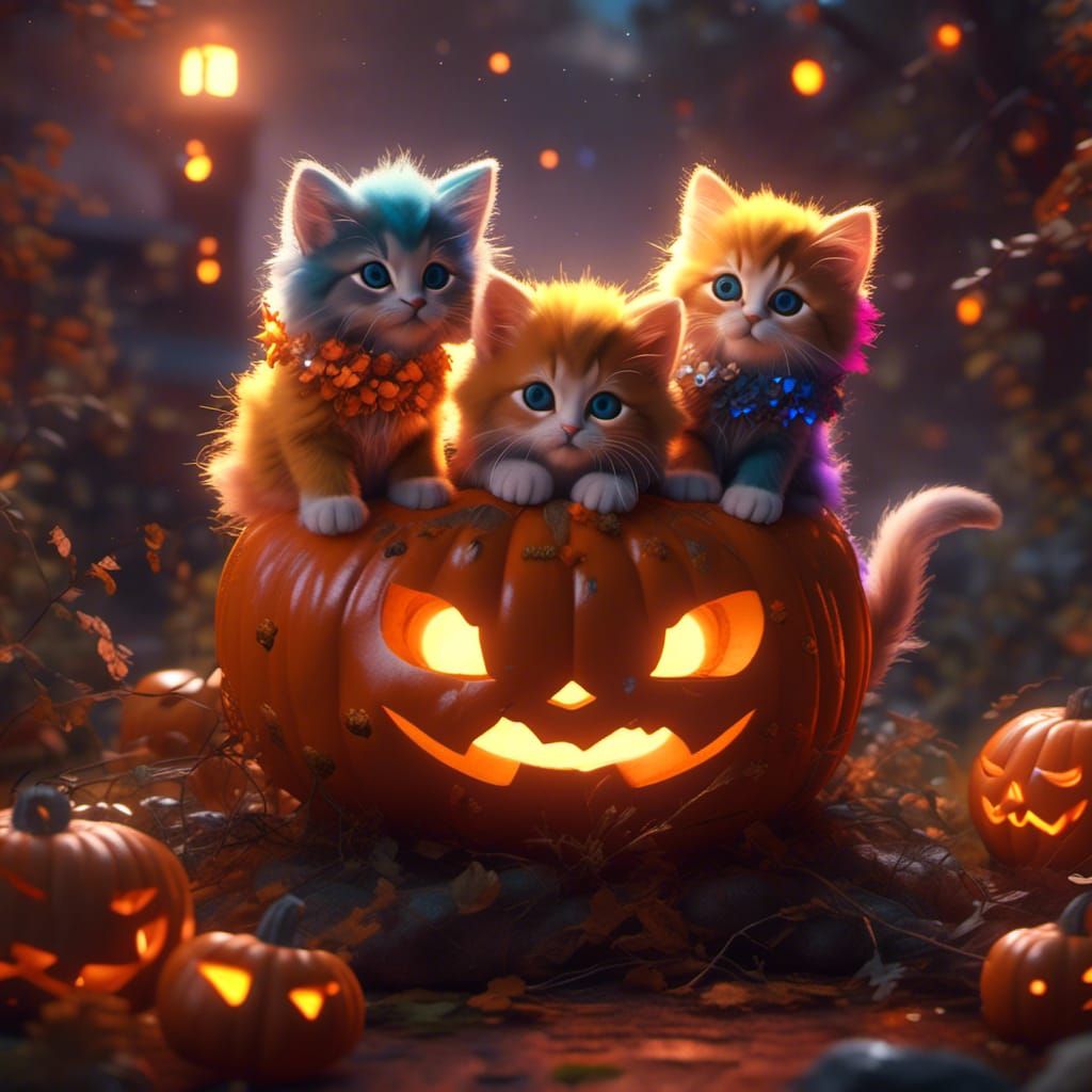 Kittens in Jack-O'-Lantern: Halloween Night Fantasy