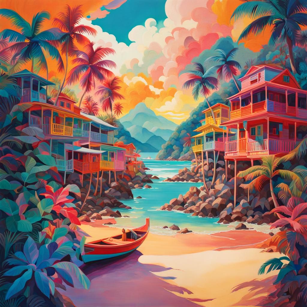 Caribbean Beach Double Exposure in Gouache Style