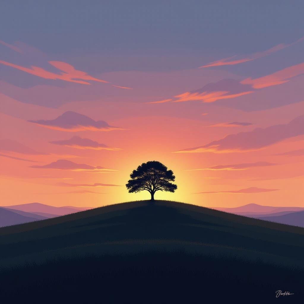 Minimalist Sunset Landscape in Pencil Sketch Style