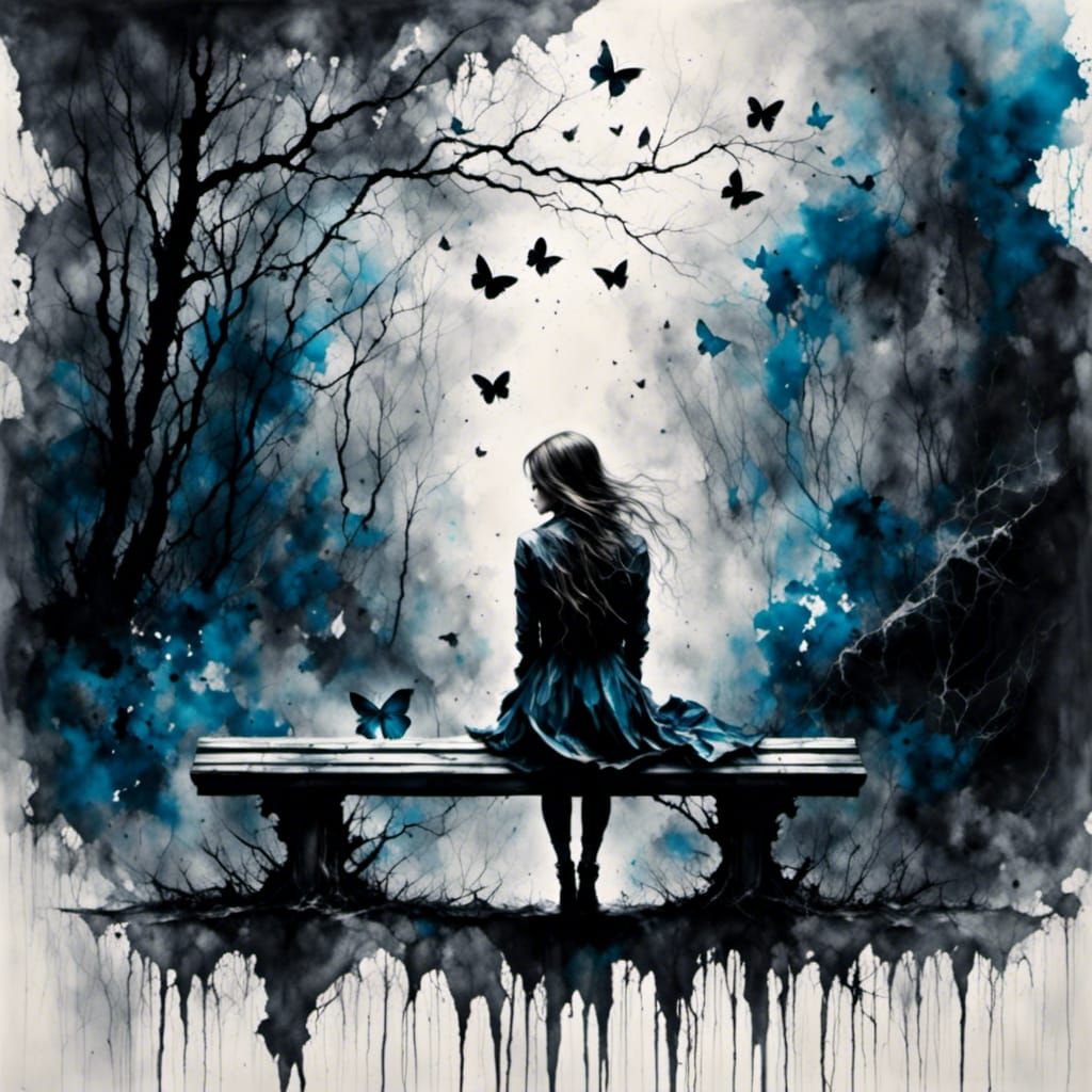 Sad Girl in Rainy Park: Watercolor and Ink