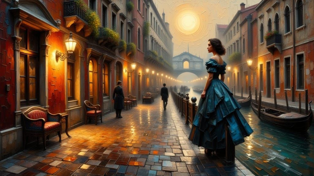 Venetian Woman on Bridge in Impasto Oil Style