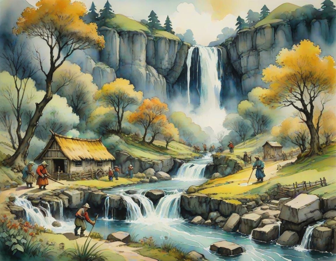 Whimsical Peasant at Spring Waterfall in Vibrant Watercolor