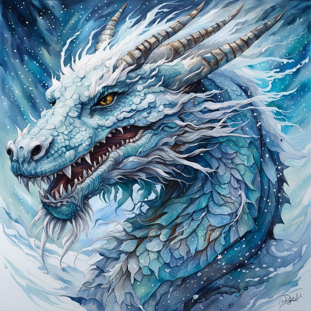 Majestic Snow Dragon Portrait in Digital Art