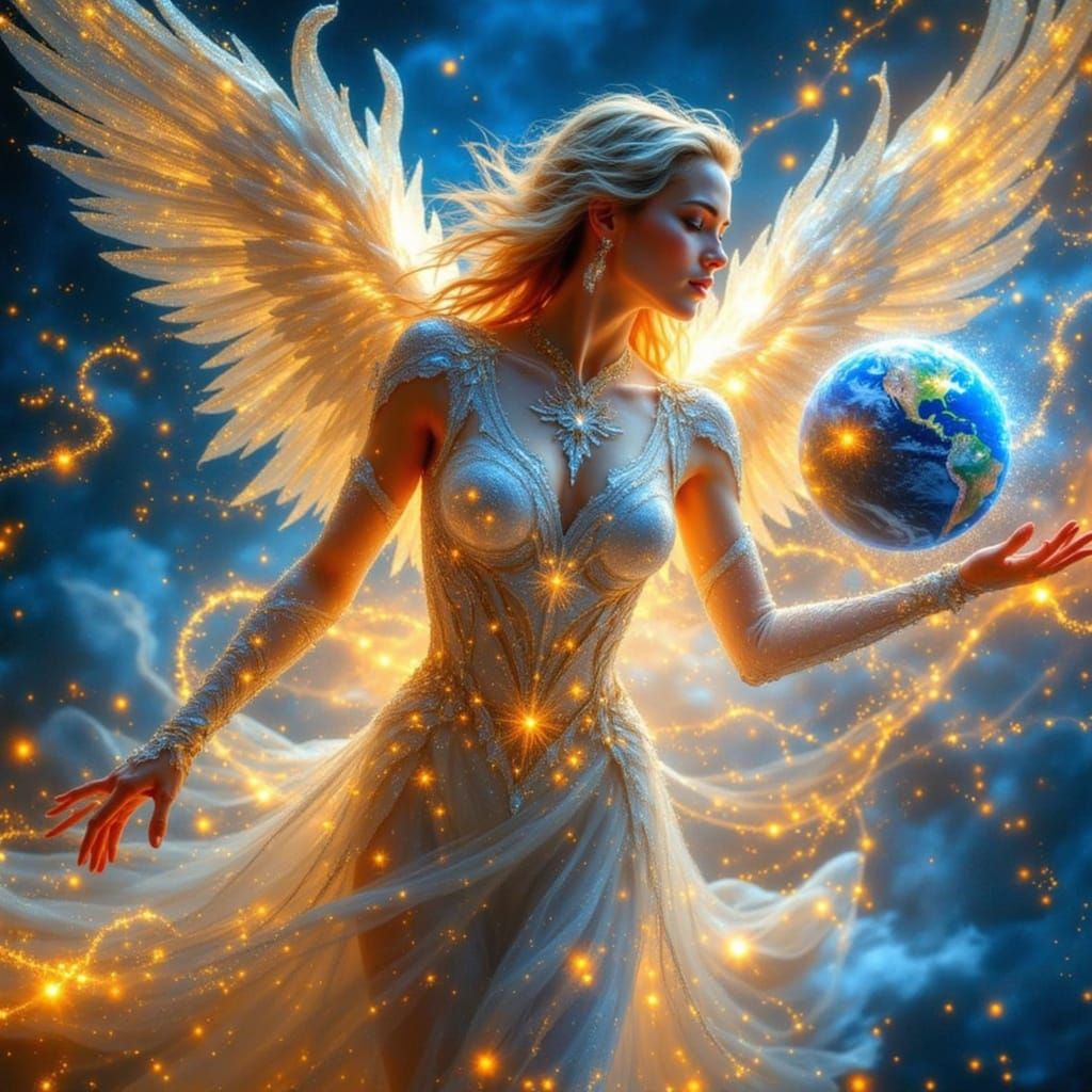 Star Angel Holding Earth: Art Nouveau Style