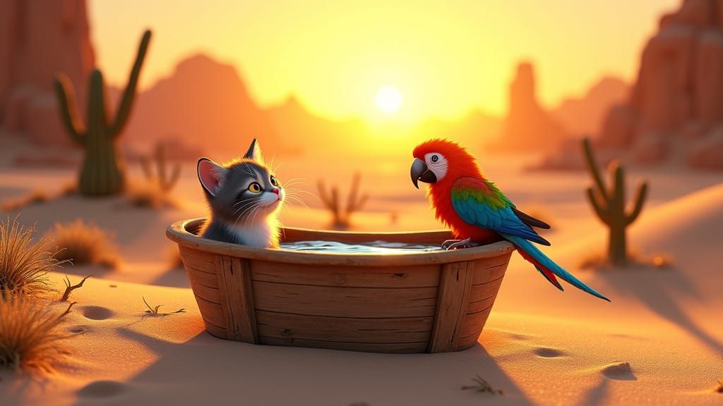 Cat and Parrot Bathe in Desert Sunset
