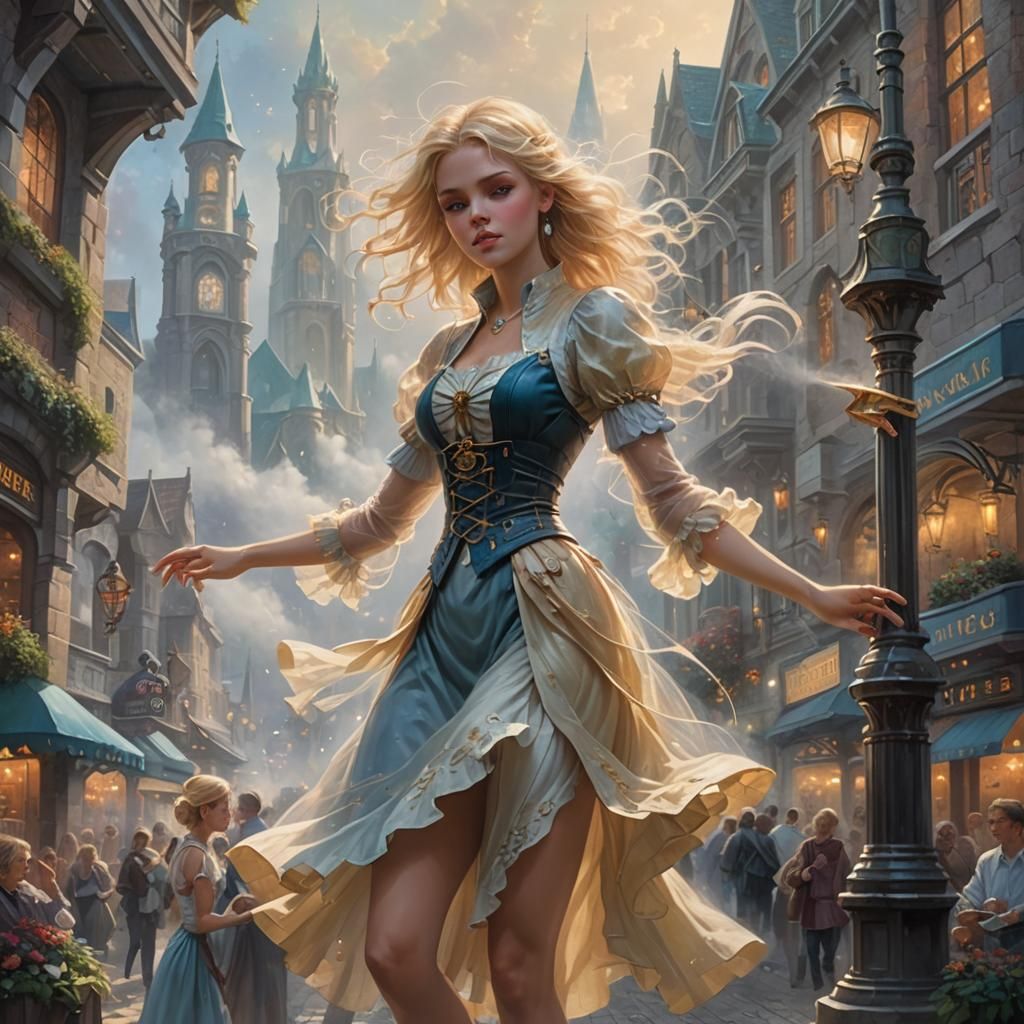 Ethereal Blonde Girl in Futuristic Town, Hyperdetailed Fanta...