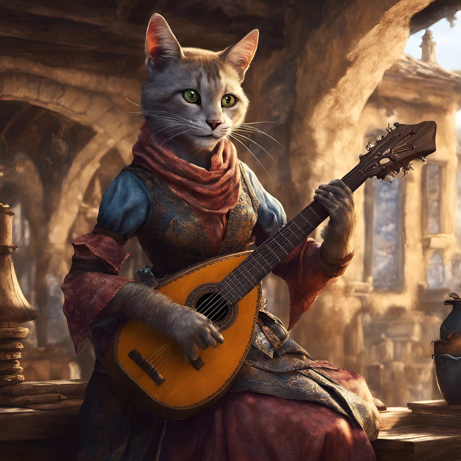 Tabaxi Bard Plays Lute in Detailed Inn