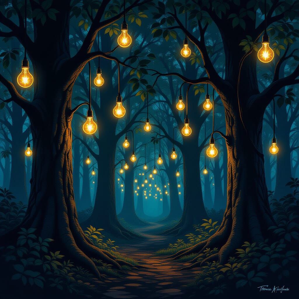 Magical Forest Trees With Glowing Bulbs Instead of Fruit