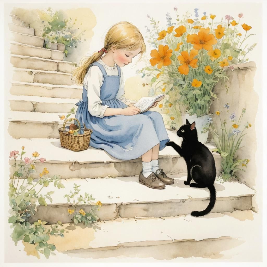 Girl and Black Cat in Children's Book Illustration Style