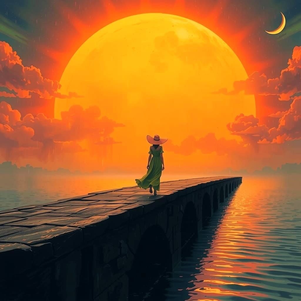 Surreal Oil Painting of Woman on Bridge Under Rainbow and Cr...