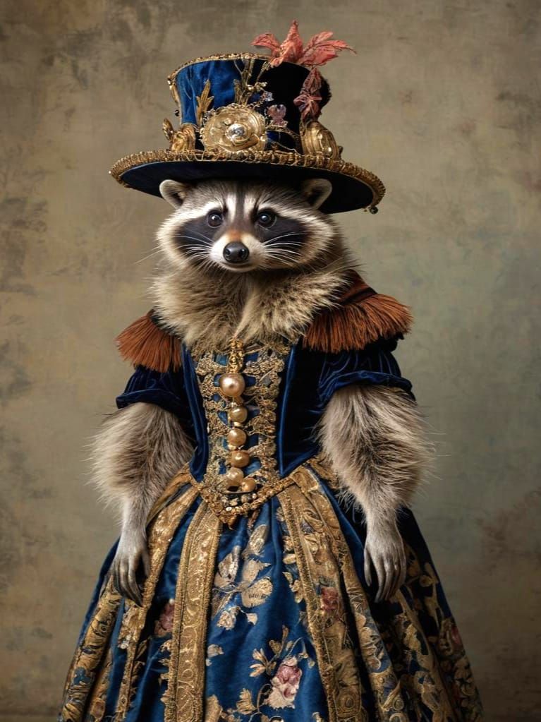 Renaissance lady raccoon wearing rich silk velvet dress and ...