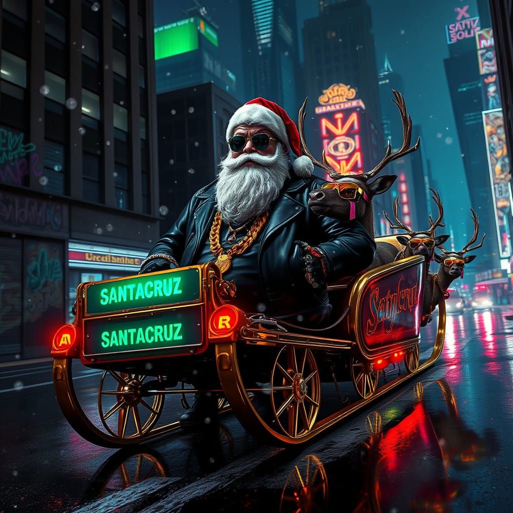 Cyberpunk Santa in a Dystopian Cityscape