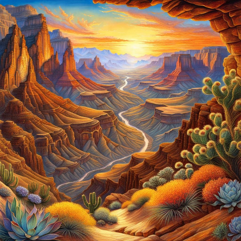 Majestic Canyon Sunset with Desert Flora