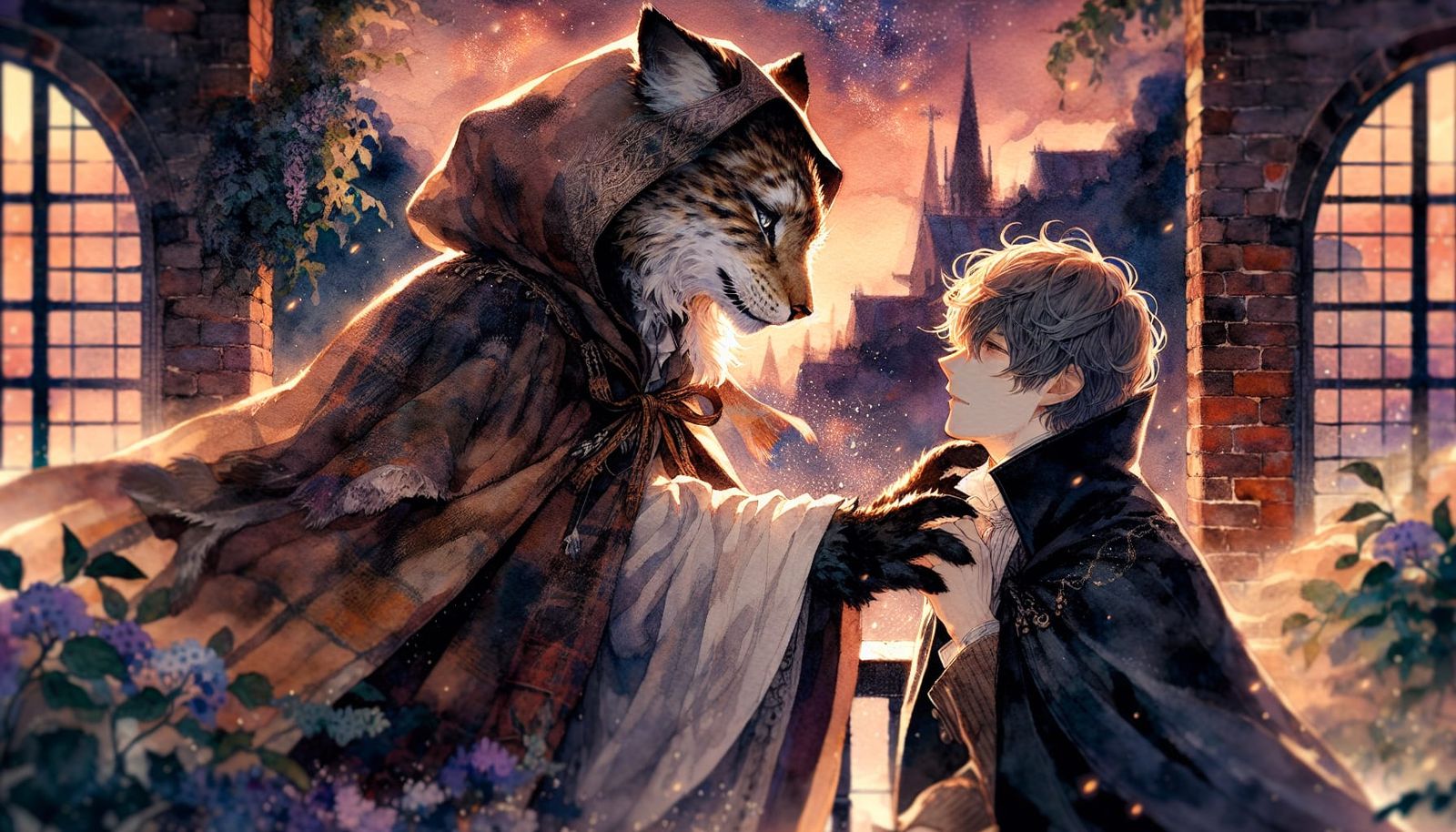 Enchanting Lynx and Man Desktop Wallpaper in Anime Style