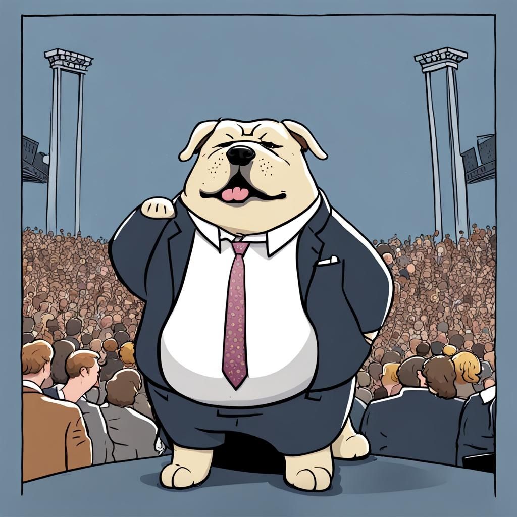 Cartoon dog wearing a business suit to a Taylor Swift concer...