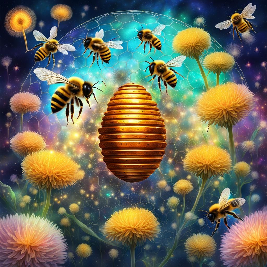 Honey Bees and Hive with Dandelions in Cosmic Style