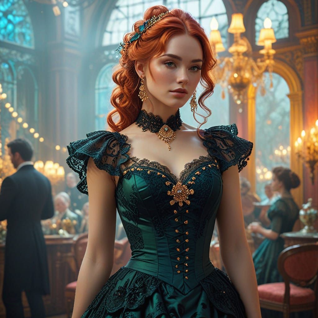 Victorian Woman in Elegant Gown, Amidst Ornate Parlor and Ga...